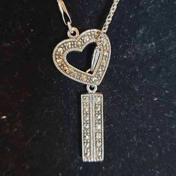 Vintage Art Deco Marcasite Heart & Key 925 Silver Estate Treasure Necklace - Picture 1 of 11
